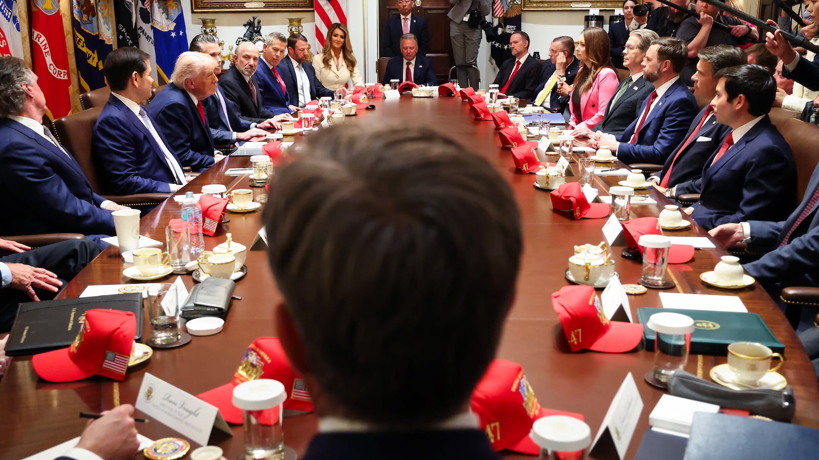 WASHINGTON, DC - MAY 27: U.S. President Donald Trump (C-L) speaks during a Cabinet meeting in the Cabinet Room of the White House on May 27, 2026 in Washington, DC. Trump meets with his Cabinet days after saying a peace deal with Iran was “largely negotiated” amid expectations around the re-opening the Strait of Hormuz. (Photo by Win McNamee/Getty Images)