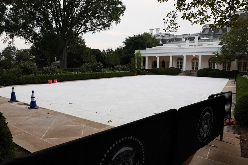 A view of the Rose Garden under construction at the White House in Washington, D.C., U.S. July 29, 2025. REUTERS/Umit Betkas
