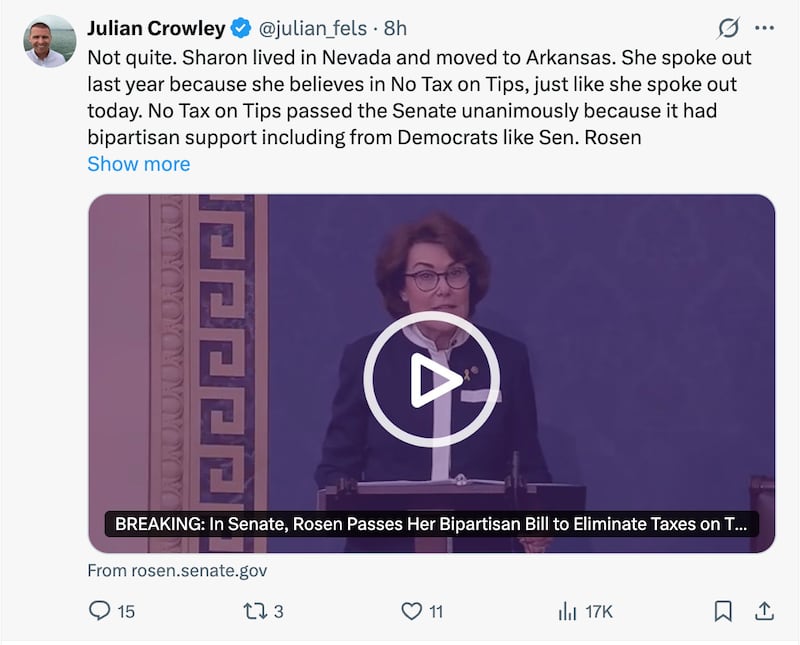 Julian Crowley, a public affairs official at DoorDash, rejected manipulation, noting that Simmons had simply moved from Nevada to Arkansas and had spoken out repeatedly because she genuinely believes in No Tax on Tips.