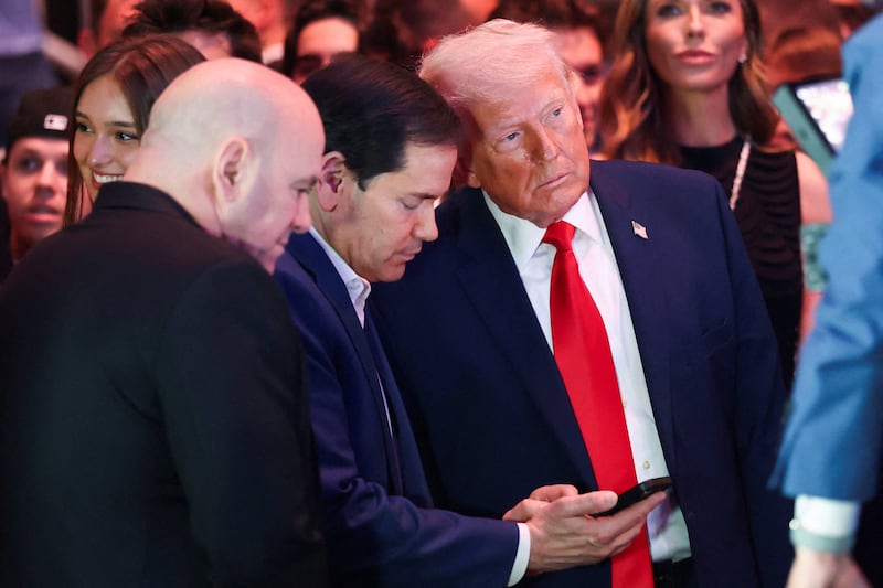U.S. President Donald Trump, UFC CEO Dana White and U.S. Secretary of State Marco Rubio attend the UFC 327 event at Kaseya Center in Miami, Florida.
