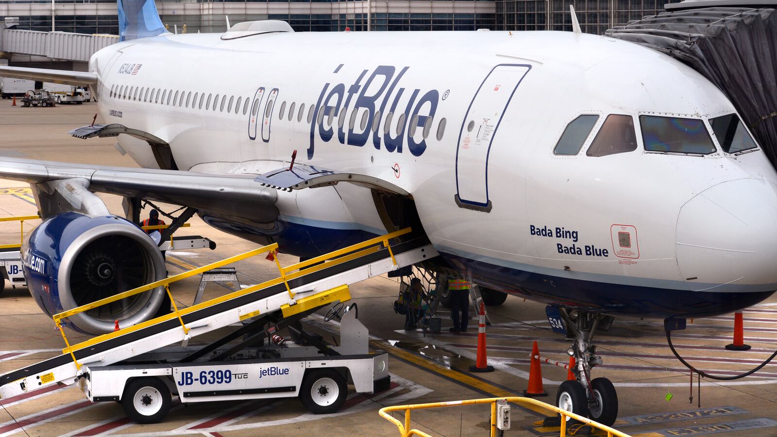 WASHINGTON, D.C. - APRIL 24, 2018: A JetBlue Airways Airbus A320 jet is serviced at a gate at Ronald Reagan Washington National Airport in Washington, D.C. (Photo by Robert Alexander/Getty Images)
