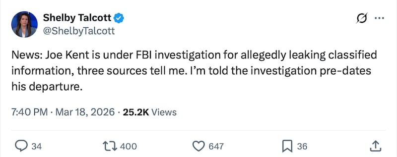 The investigation into Kent reportedly pre-dates his exit from the Trump administration.