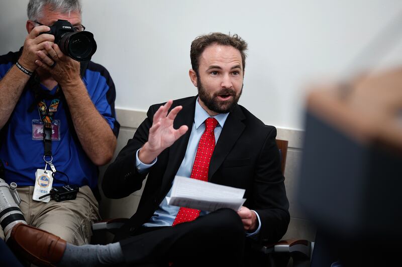 Liam Cosgrove, reporter for the blog and news aggregator ZeroHedge, asks White House Press Secretary Karoline Leavitt questions during a news conference in the Brady Press Briefing Room at the White House on May 19, 2025 in Washington, DC. Cosgrove asked about U.S. funding for foreign wars, the Clinton "body count" conspiracy and Jeffrey Epstein's alleged ties to intelligence agencies in the U.S. and Israel.