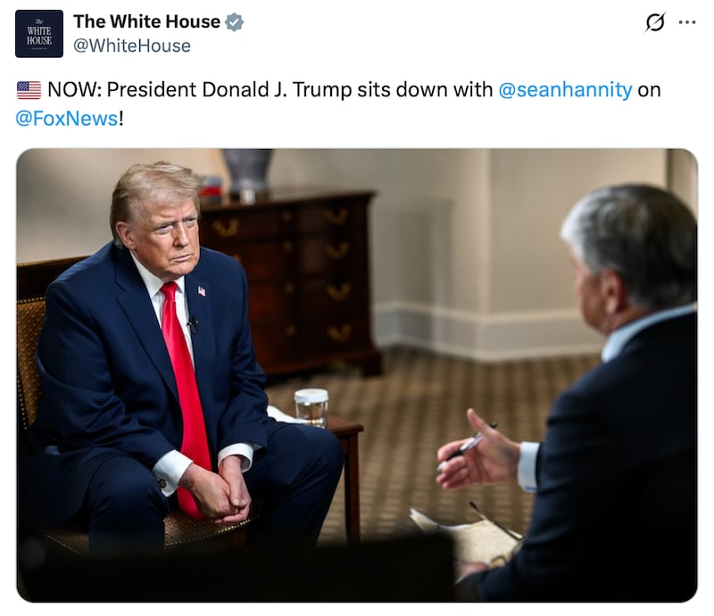 The White House share a photo of Donald Trump being interviewed by Sean Hannity.