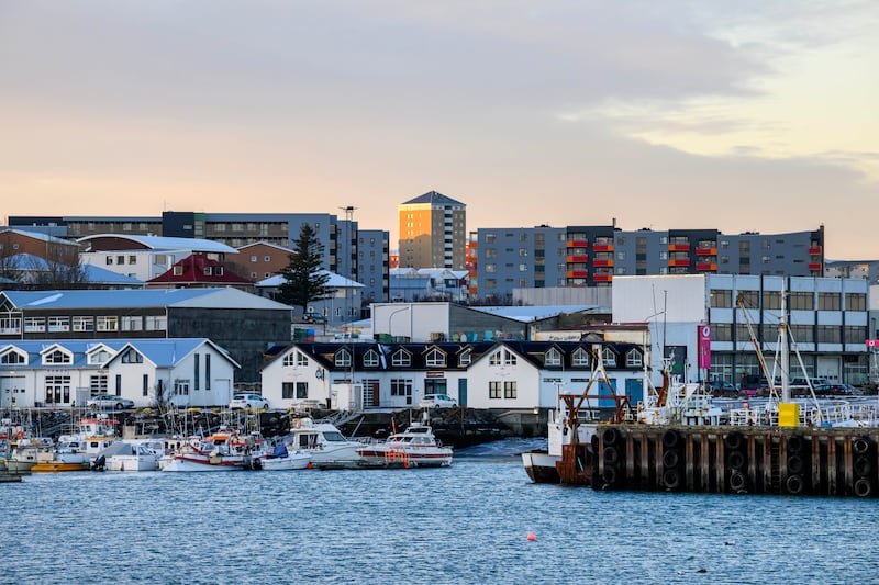 A panoramic view of a port area near downtown Reykjavik, Iceland.