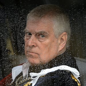 Britain's Prince Andrew, Duke of York leaves Westminster Abbey following the coronation ceremony of King Charles III and Queen Camilla on May 6, 2023 in London, England.