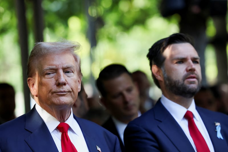 Republican presidential nominee and former U.S. President Donald Trump and Republican U.S. vice presidential nominee Senator JD Vance attend a ceremony marking the 23rd anniversary of the September 11, 2001 attacks on the World Trade Center at the 9/11 Memorial and Museum in the Manhattan borough of New York City, U.S., September 11, 2024.
