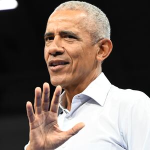 Barack Obama speaks at the Veterans Memorial Coliseum at Alliant Energy Center in Madison, Wisconsin, on October 22, 2024.