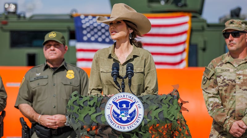 BROWNSVILLE, TEXAS - JANUARY 7: U.S. Secretary of Homeland Security Kristi Noem speaks at a news conference on January 7, 2026 in Brownsville, Texas. Secretary Noem announced that the federal government would be deploying 500 miles of water barriers in the Rio Grande river. (Photo by Michael Gonzalez/Getty Images)