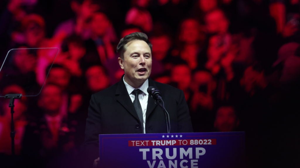 Elon Musk speaks at President-Elect Donald Trump's victory rally at the Capital One Arena on January 19, 2025 in Washington, DC.