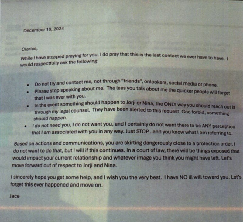 The mysterious letter Jace Ratzlaff sent to Clarice Navarro.