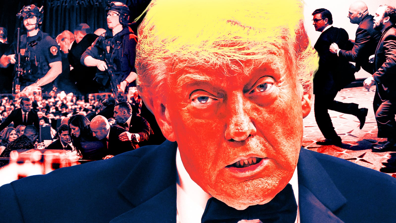 A photo illustration illo of Donald Trump and the White House Correspondents' Dinner Shooting.