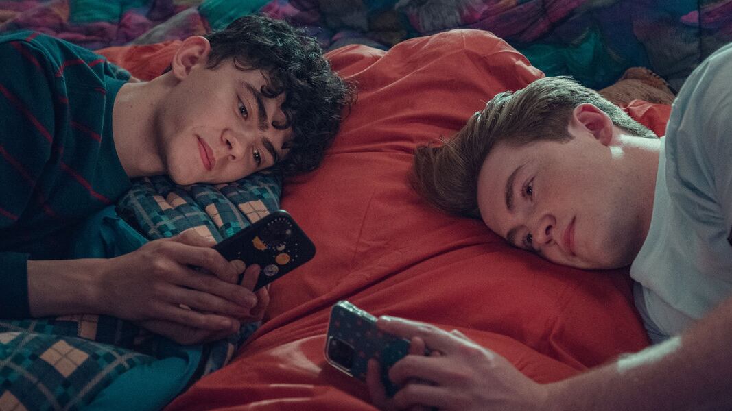 A still image from Heartstopper of Kit Connor and Joe Locke