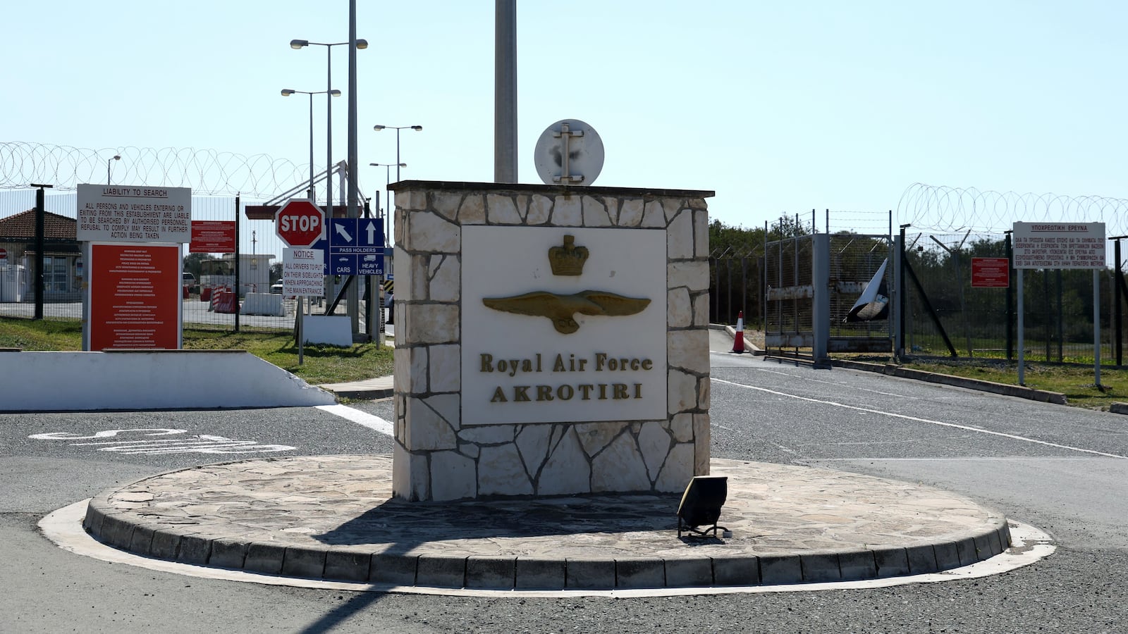 AKROTIRI, CYPRUS - MARCH 2: The entrance of RAF Akrotiri pictured on March 2, 2026 in Akrotiri, Cyprus. An Iranian-made drone crashed into the RAF Akrotiri base in Cyprus early Monday morning causing minimal damage and no injuries. This strike followed Prime Minister Sir Keir Starmer's decision to let the US use British bases for defensive operations against Iran. Cypriot President Nikos Christodoulides clarified that Cyprus itself is not involved in the military conflict. (Photo by Alexis Mitas/Getty Images)