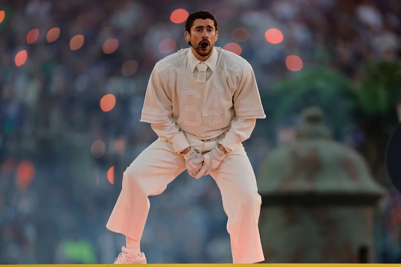 Bad Bunny performs the halftime show during the Seattle Seahawks versus the New England Patriots Super Bowl LX game on February 8, 2026.