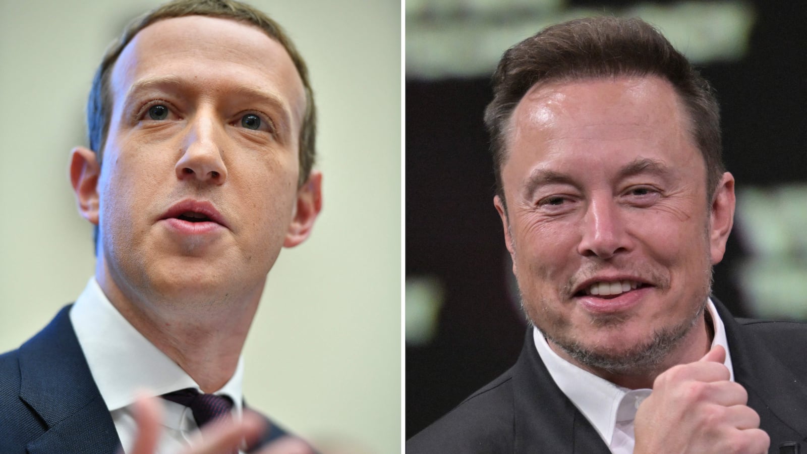 A side-by-side shot of Mark Zuckerberg on the left and Elon Musk on the right.