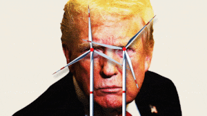 Illustrated gif of Donald Trump looking angry with spinning wind turbine / windmills over his eyes