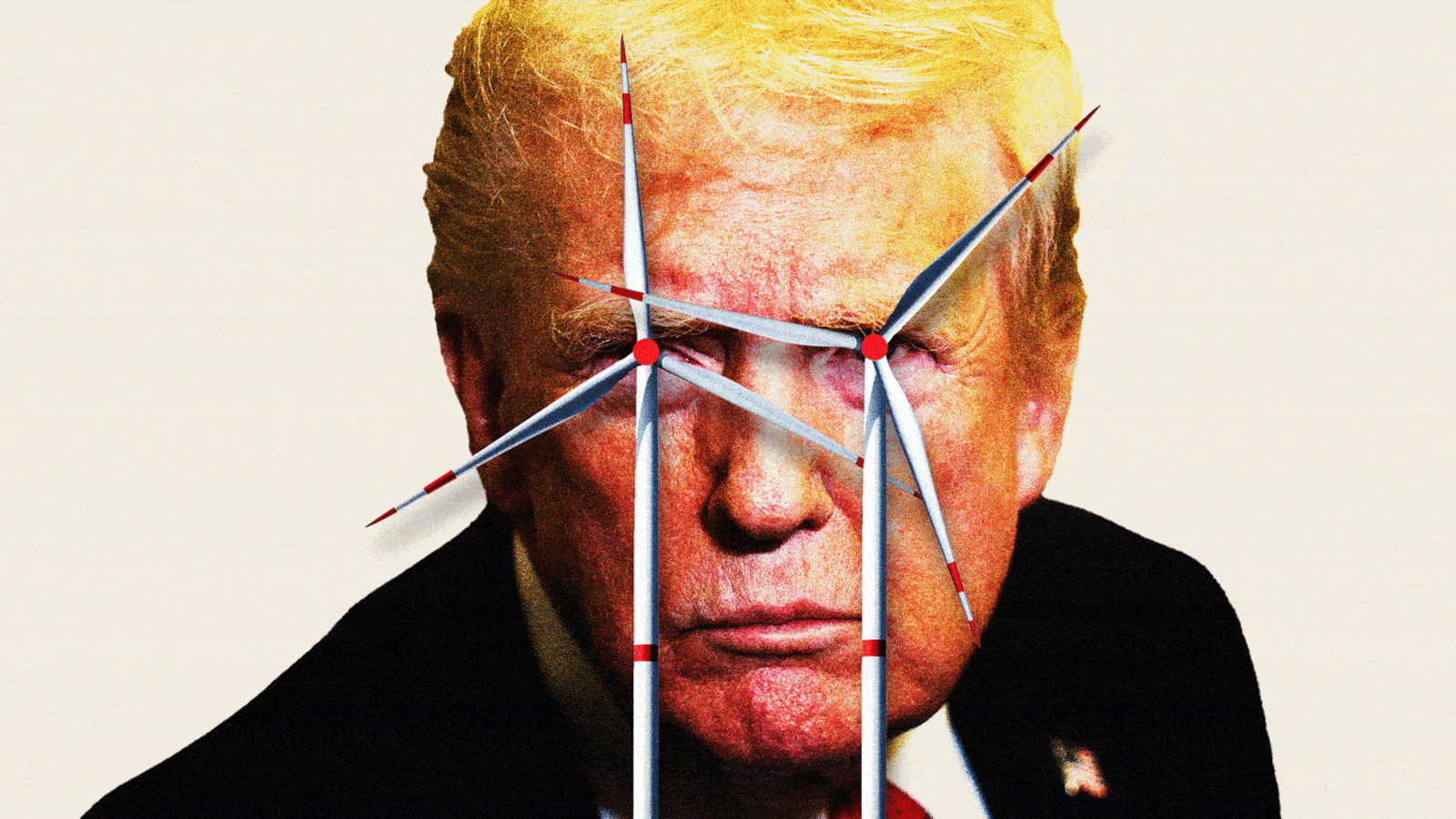 Illustrated gif of Donald Trump looking angry with spinning wind turbine / windmills over his eyes