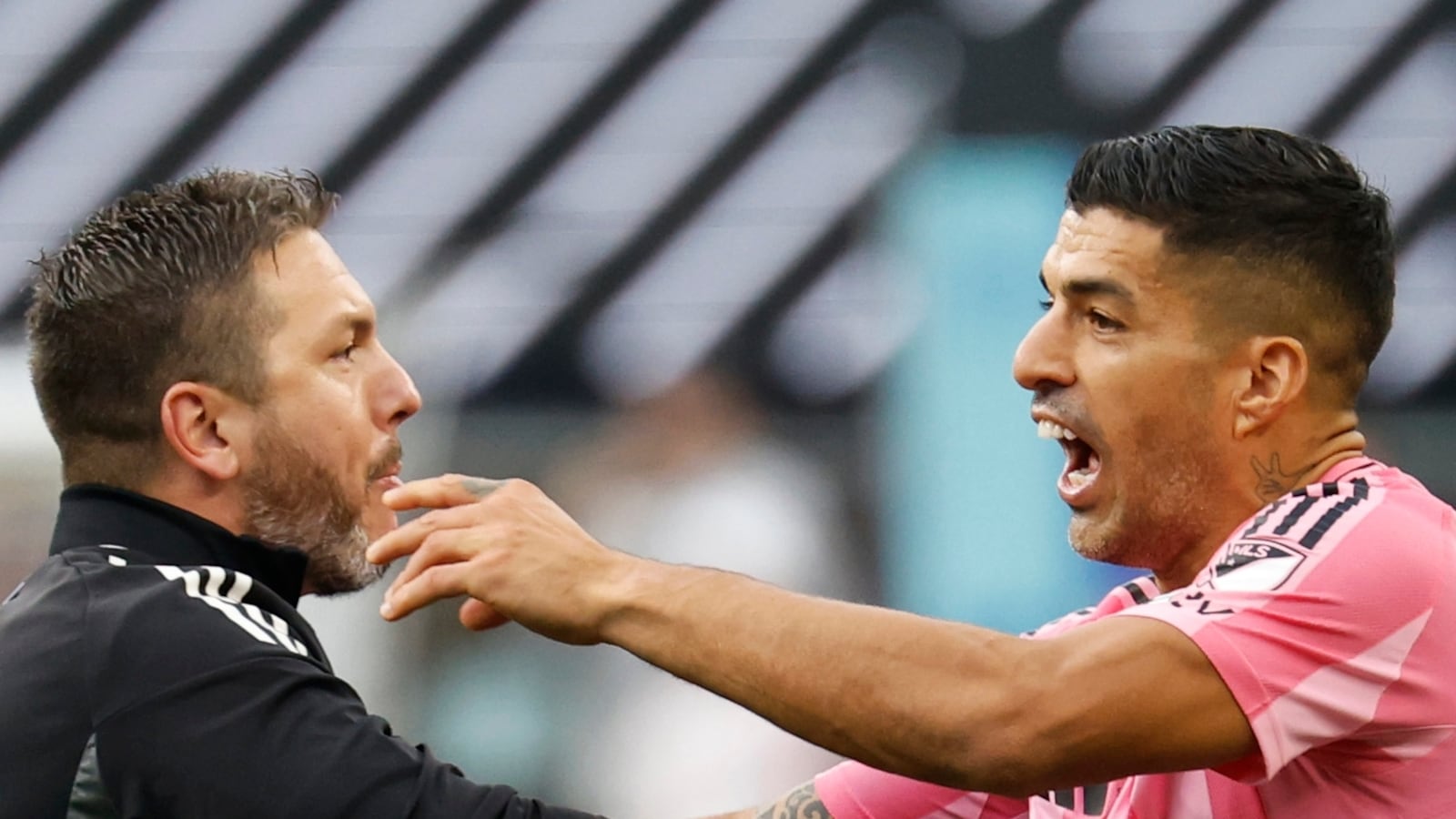 Luis Suárez #9 of Inter Miami CF argues after the Leagues Cup Final match between Seattle Sounders and Inter Miami CF at Lumen Field