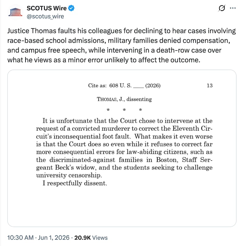 Justice Clarence Thomas' dissent to a Supreme Court decision granting a convicted murderer's appeal.