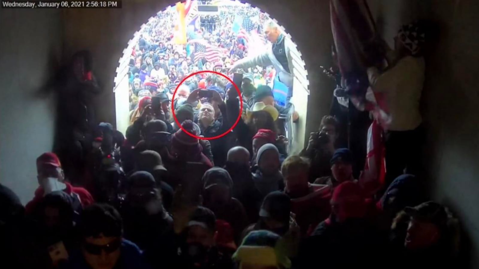 A screenshot of security footage showing Barry Saturday in the crowd of rioters at the Capitol on Jan. 6.