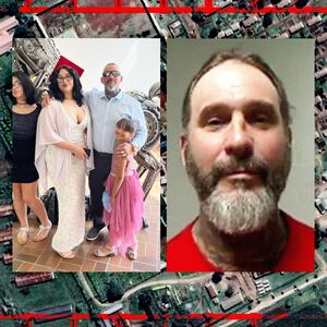 A photo illustration of Roberto Mosquera with his family over a satellite image of Matsapha Correctional Centre in Eswatini, Africa.