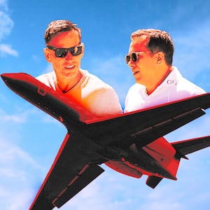 A photo illustration illo of Co-founder of Palantir Technologies Peter Thiel and Matt Danzeisen and Gulfstream G550 N878DB.