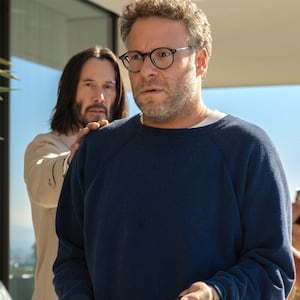 Keanu Reeves as Gabriel, Seth Rogen as Jeff, and Aziz Ansari as Ari in Good Fortune.