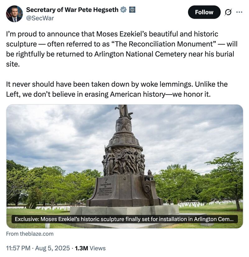 Pete Hegseth announces the Confederate Memorial's return in an X.com post.