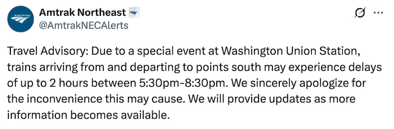 Amtrak X post about delays