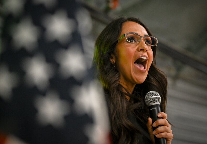 Congresswoman Lauren Boebert speaks to supporters during an election watch party in Windsor, Colorado on June 25, 2024.