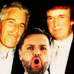 Donald Trump and Jeffrey Epstein with JD Vance moving up and down into the frame