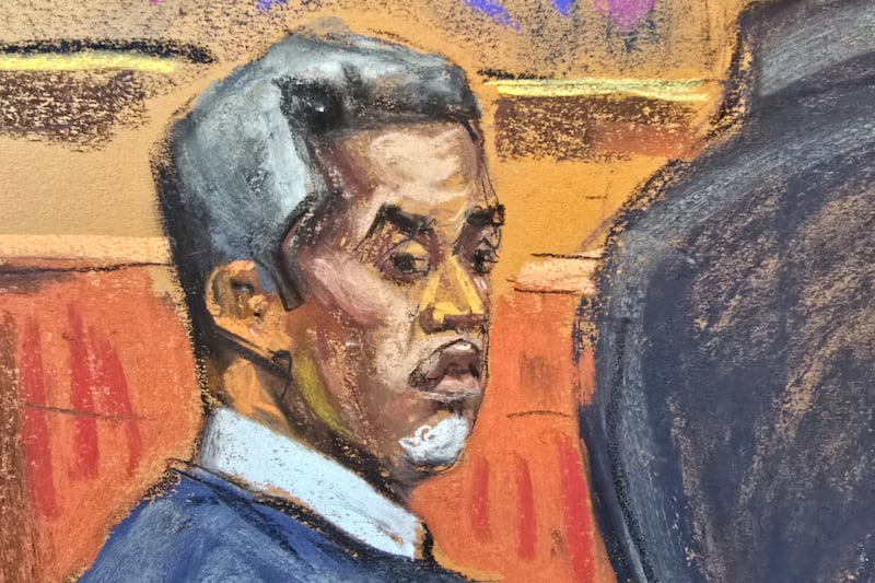 Sean "Diddy" Combs watches as Regina Ventura, the mother of alleged victim Casandra "Cassie" Ventura, testifies at his sex trafficking trial in New York City, New York, U.S., May 20, 2025 in this courtroom sketch. REUTERS/Jane Rosenberg