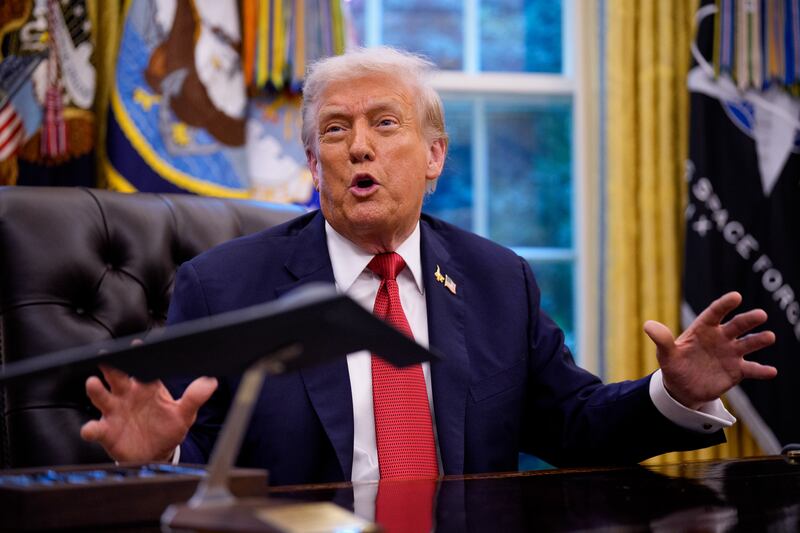 WASHINGTON, DC - SEPTEMBER 25: U.S. President Donald Trump speaks in the Oval Office of the White House on September 25, 2025 in Washington, DC. Trump signed several executive orders, including approving a partial sale of TikTok's U.S. operations, following a 2024 law requiring parent company ByteDance to divest or face a ban. (Photo by Andrew Harnik/Getty Images)