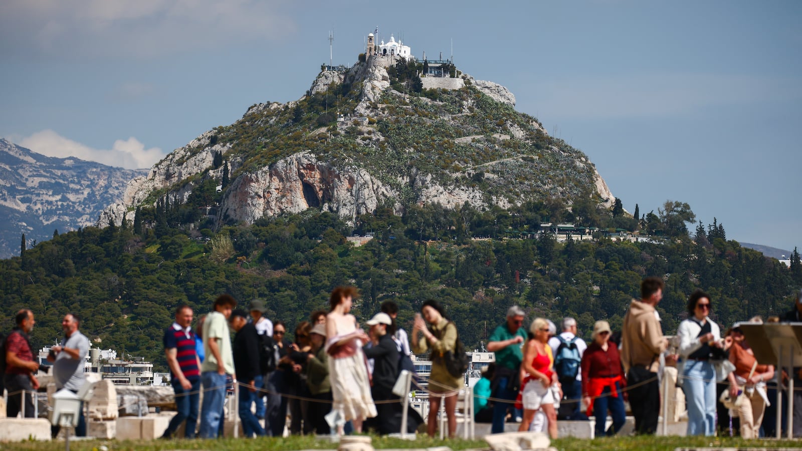A view on Mount Lycabettus from the Athenian Acropolis in Athens, Greece on March 14th, 2024. (Photo by Beata Zawrzel/NurPhoto via Getty Images)