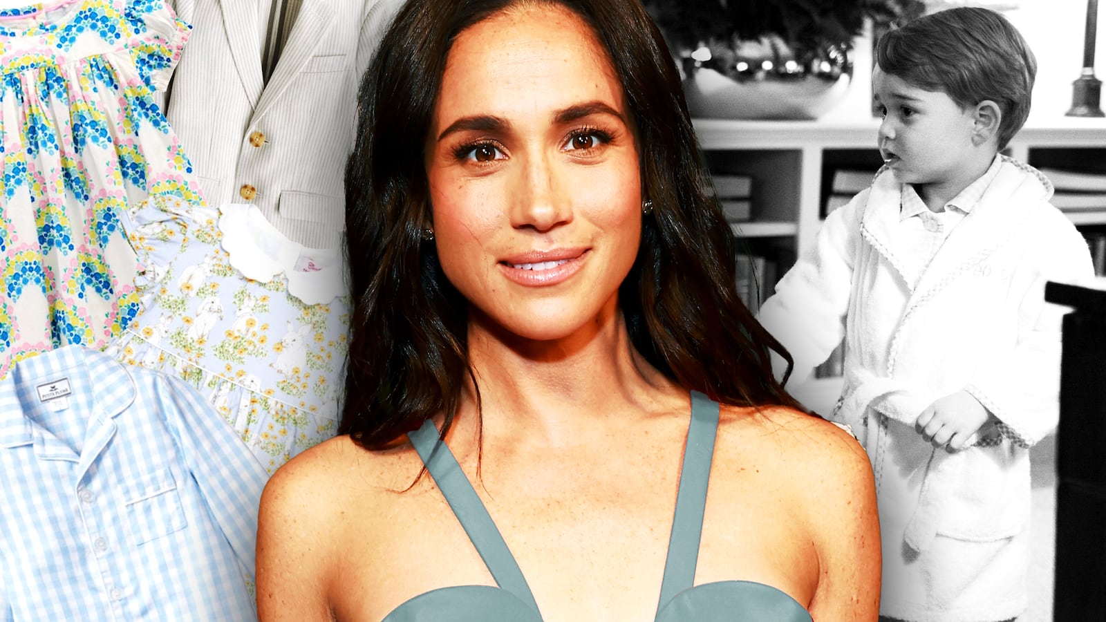 Meghan Markle in front of a photo of Prince George meeting Barack Obama, as well as children's clothes behind her