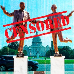A photo illustration of a statue depicting President Donald Trump and Jeffrey Epstein holding hands is seen near the U.S. Capitol in Washington, DC with a red Censored stamp.