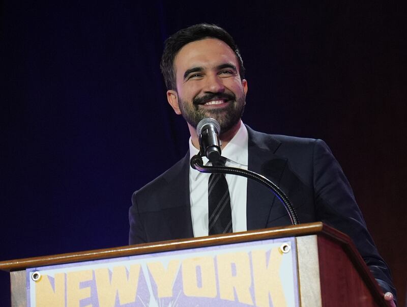 New York City mayoral candidate Zohran Mamdani speaks during an election rally at Forest Hills Stadium