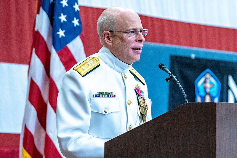 Chief of Naval Research (CNR) Rear Adm. Kurt Rothenhaus addresses the audience during a change-of-command ceremony for the Office of Naval Research on June 16, 2023.