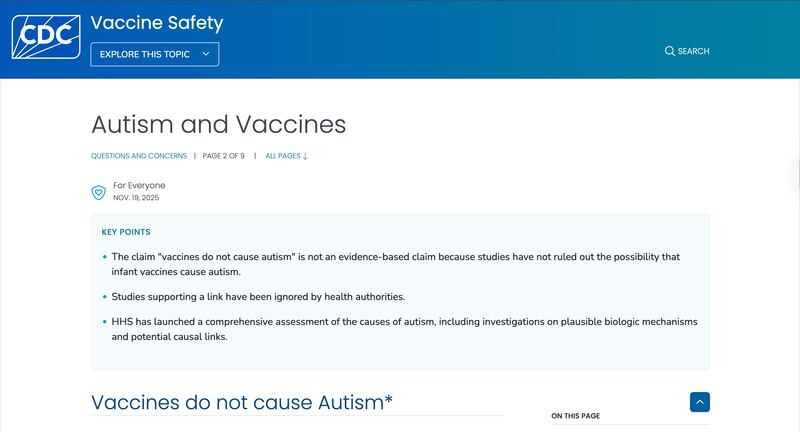 There is an asterisk next to the phrase, “Vaccines do not cause Autism.” The header remains on the site due to an “agreement” with Republican Sen. Bill Cassidy, but everything else on the page undermines it.