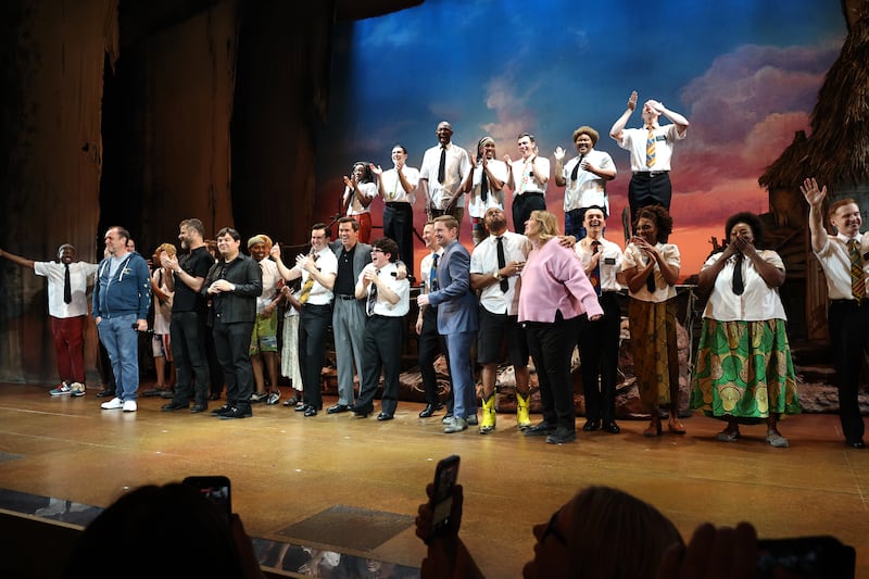 Trey Parker, Matt Stone, Robert Lopez, Andrew Rannells and Rory O'Malley perform onstage during "The Book Of Mormon" 15th Anniversary Celebration Performance at Eugene O'Neill Theatre on March 19, 2026 in New York City. (Photo by Jamie McCarthy/Getty Images)