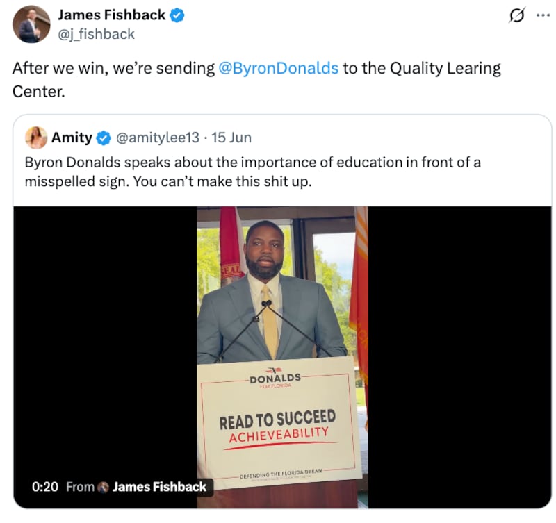 James Fishback's X post about Byron Donalds