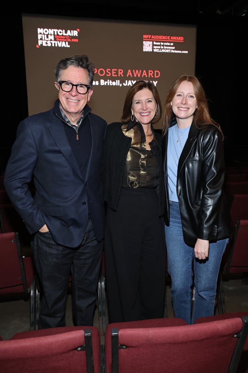 Stephen Colbert, Evie Colbert and Madeline Colbert attend the "Jay Kelly" Opening Night Premiere