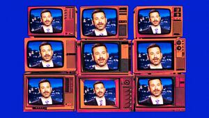 A photo illustration of TV sets with Jimmy Kimmel Live on them.