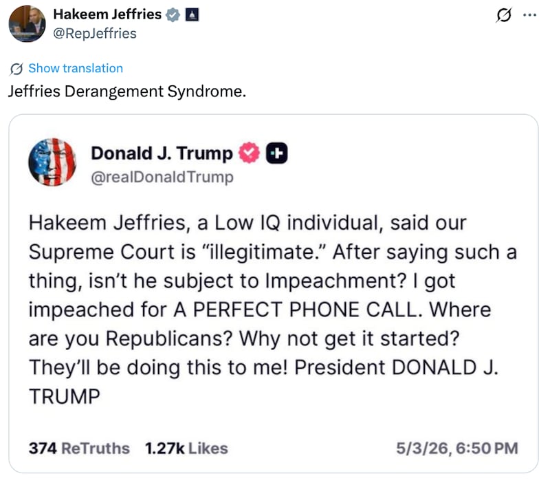 Hakeem Jeffries' X post about Trump