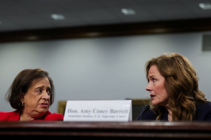 U.S. Supreme Court justices Amy Coney Barrett and Elena Kagan testify before a House Appropriations Financial Services and General Government Subcommittee hearing on the Supreme Court's annual budget request to Congress on Capitol Hill in Washington, D.C., U.S., July 14, 2026.