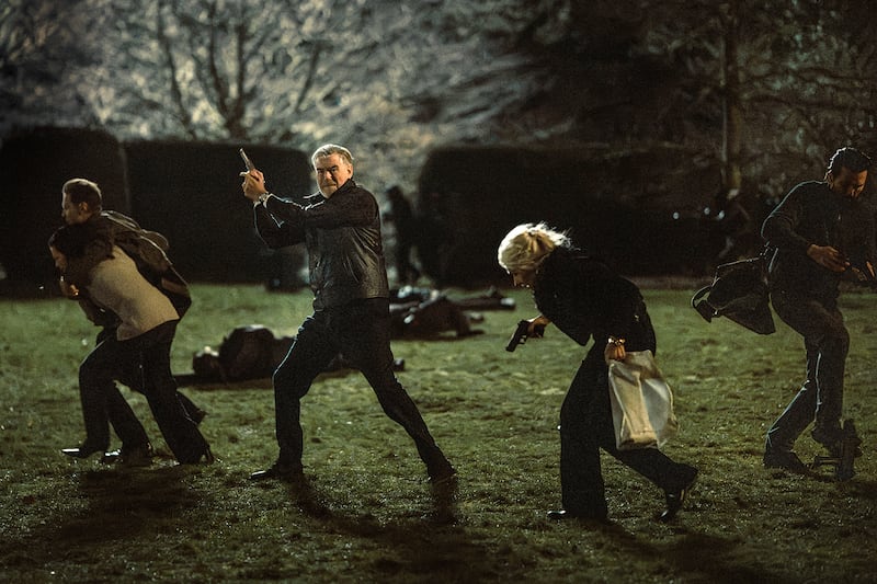 (L-R) Lara Pulver as Bella Harrigan, Paddy Considine as Kevin Harrigan, Pierce Brosnan as Conrad Harrigan, Helen Mirren as Maeve Harrigan and Emmett J Scanlan as Paul in MobLand.
