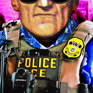 A photo illustration of a ICE agent wearing a Hawaiian shirt at the airport.