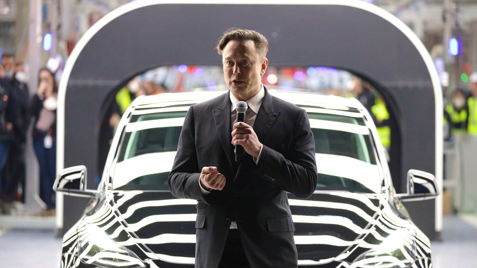 Tesla CEO Elon Musk speaks during the official opening of the new Tesla electric car manufacturing plant on March 22, 2022 near Gruenheide, Germany. The new plant, officially called the Gigafactory Berlin-Brandenburg, is producing the Model Y as well as electric car batteries.