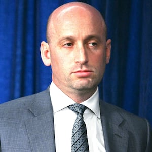 White House Deputy Chief of Staff Stephen Miller looks on as President Donald Trump speaks to the press following US military actions in Venezuela, at his Mar-a-Lago residence in Palm Beach, Florida, on January 3, 2026. President Trump said Saturday that US forces had captured Venezuelan leader Nicolas Maduro after launching a "large scale strike" on the South American country.